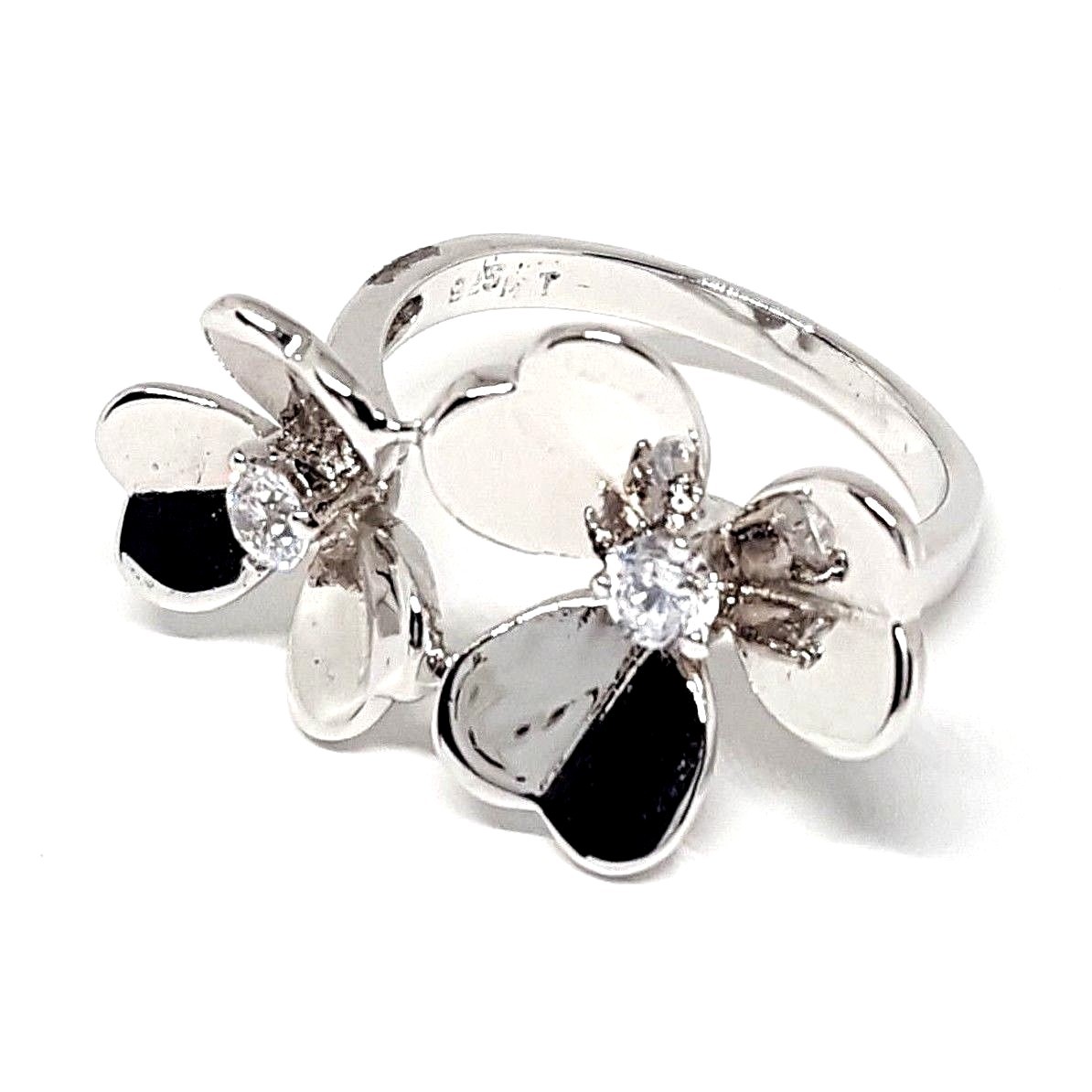 (SIZE 6,7,8) Reflective DOUBLE FLOWERS RING w/ CZ Stones .925 STERLING SILVER