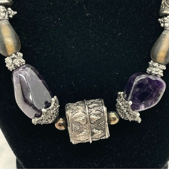 Stone Glass Metal Necklace Signed Maya Bohemian Boho Gypsy Style Purple