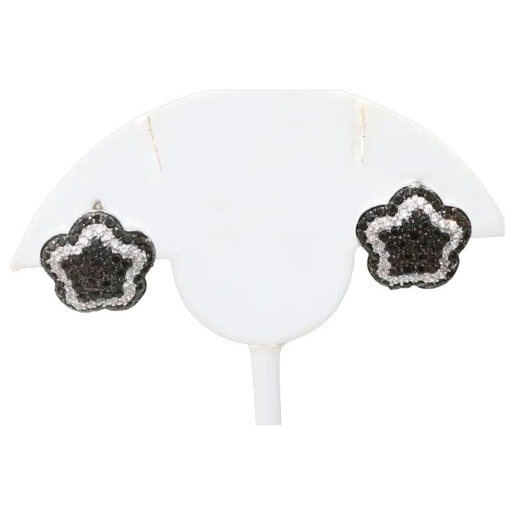 Sterling Silver Black And White Cubic Zirconia Flower Earrings