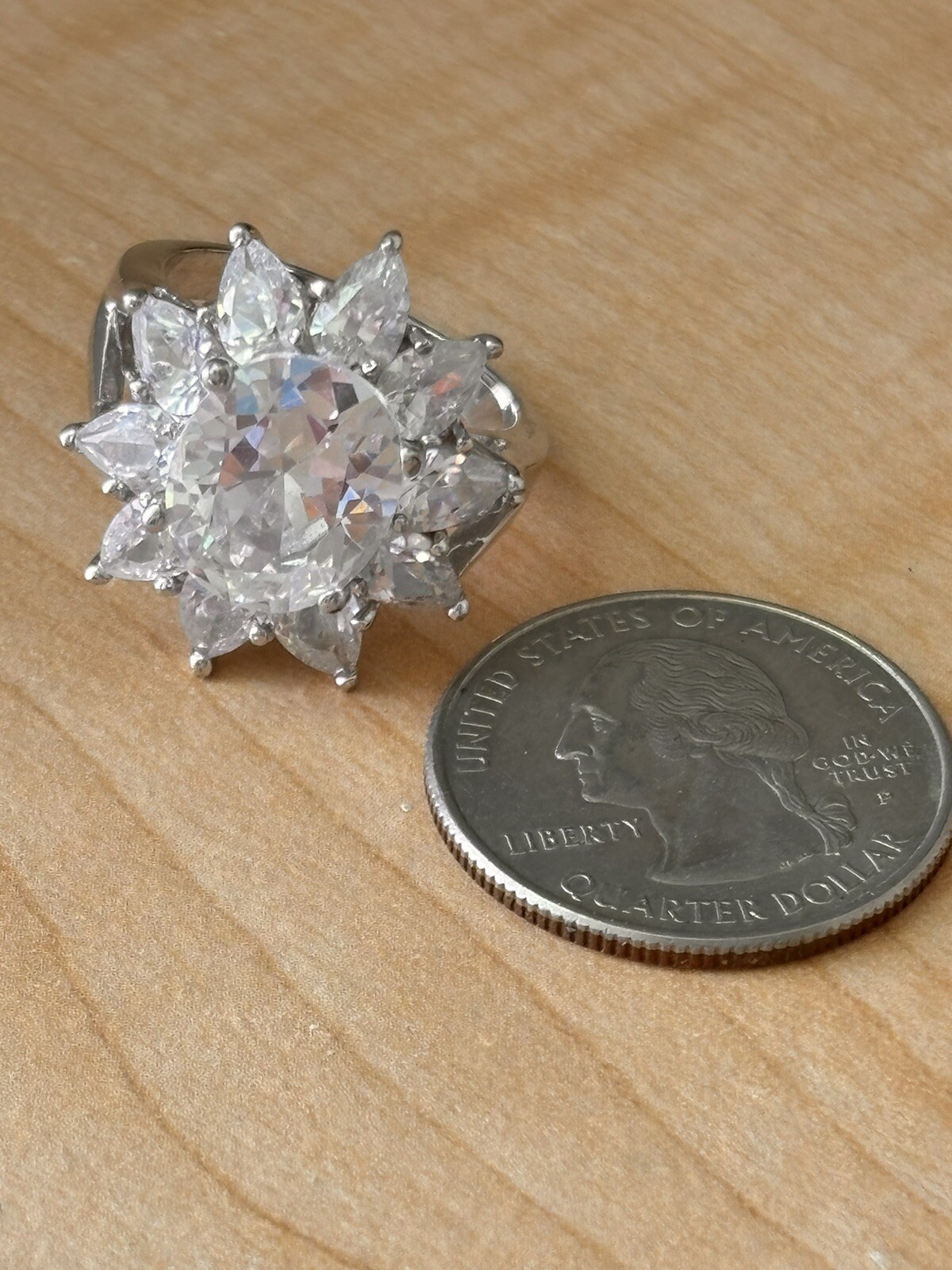 Cocktail Ring/ Rhinestones/ Silver Tone/ Size 8~ Very Good Used Condition