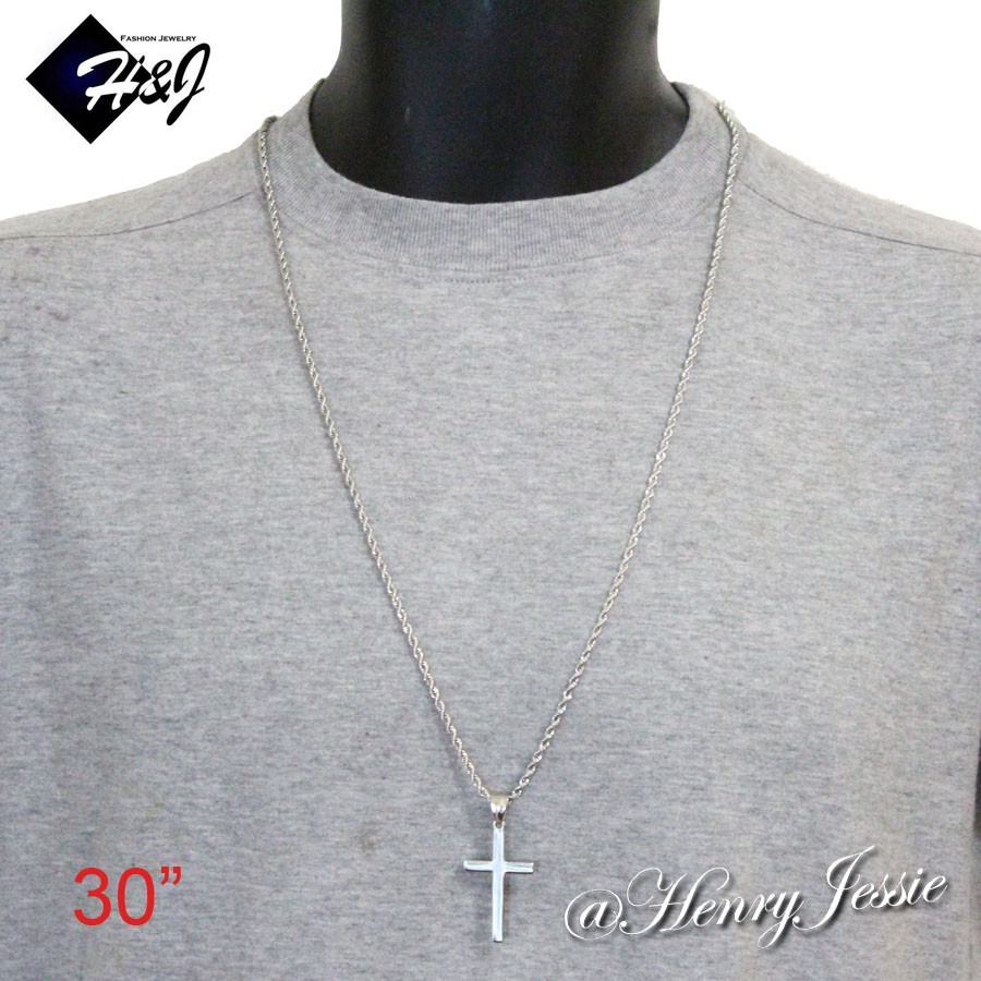 20″24″30″Stainless Steel 2.5mm Silver Smooth Rope Chain Necklace Cross Pendant*P