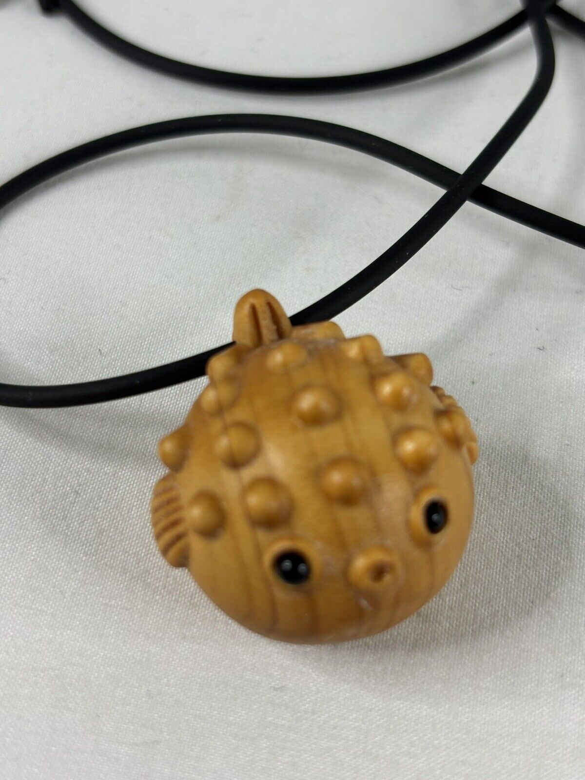 Puffer Fish Tiki Necklace Wood with Black Eyes 1″ Black Cord Surfer Beach Cute