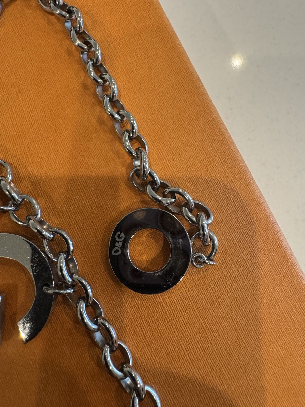 D&G Signed Silver Tone Logo Charm Pendant Cable Chain Toggle Necklace 17in