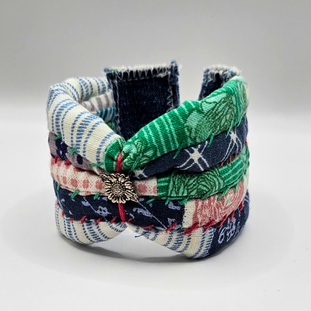 Fabric Cuff Bracelet Slow Stitch Patterned & Jean Fabric Button Closure