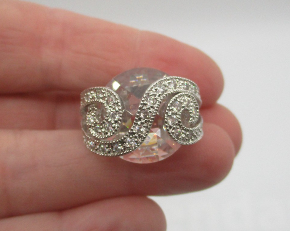 RJM STERLING SILVER CZ CUBIC ZIRCONIA w PAVE CRYSTAL SWIRL COCKTAIL RING ~ 5 1/4