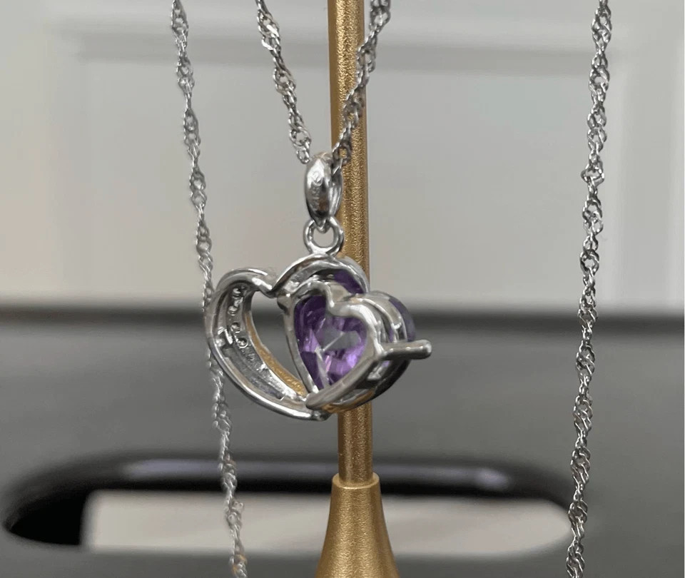 14k White Gold Plated 2 Ct Heart Simulated Amethyst Heart Valentine Gift Pendant