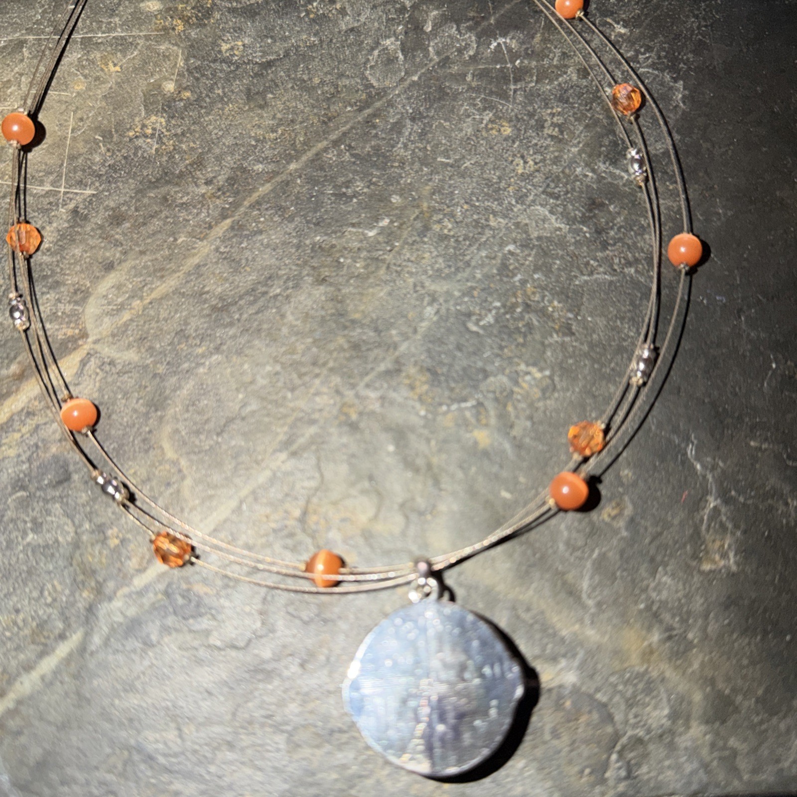 Multi Strand Wire Necklace Orange Pendant Beaded Station Necklace Adjustable