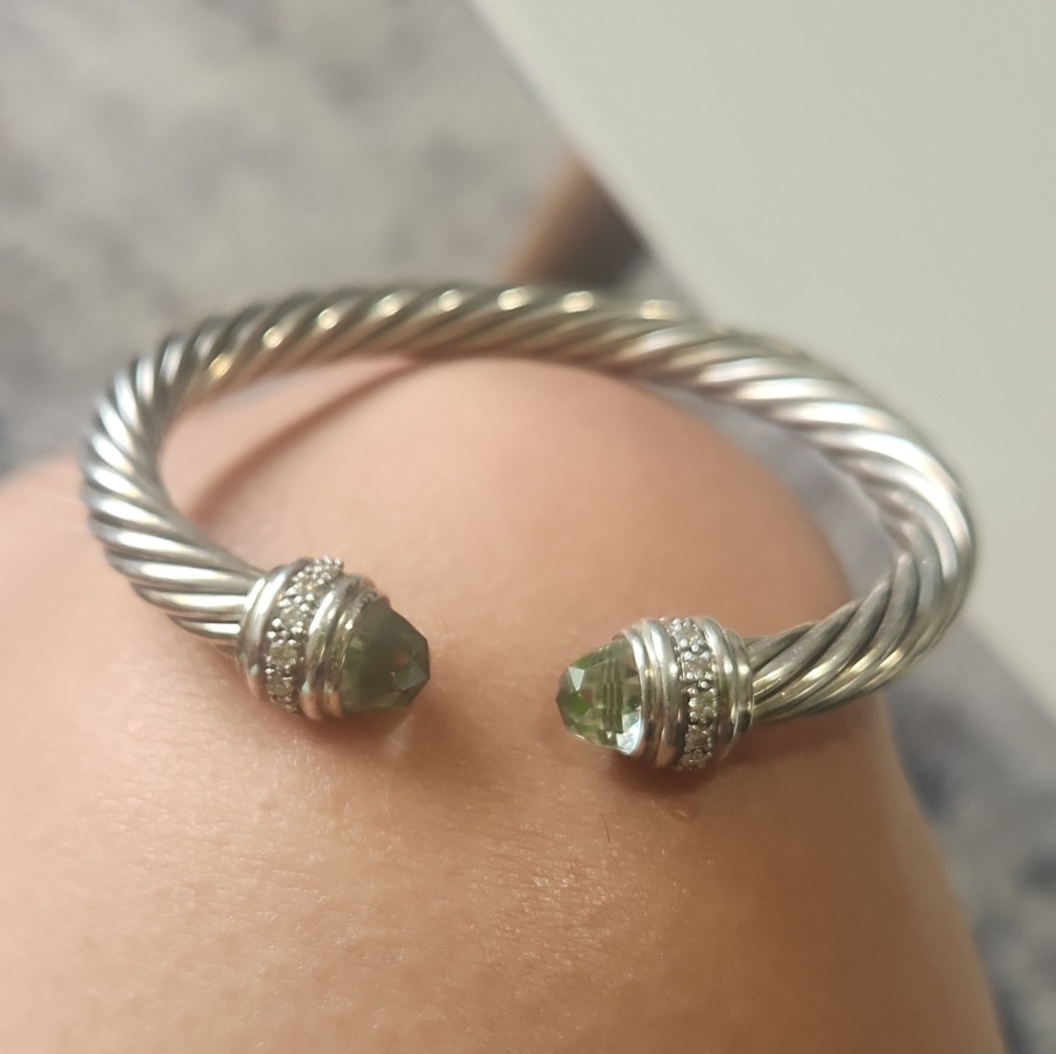 David Yurman Sterling Silver 925 Rope Cable Cuff Bracelet Green Stones Signed