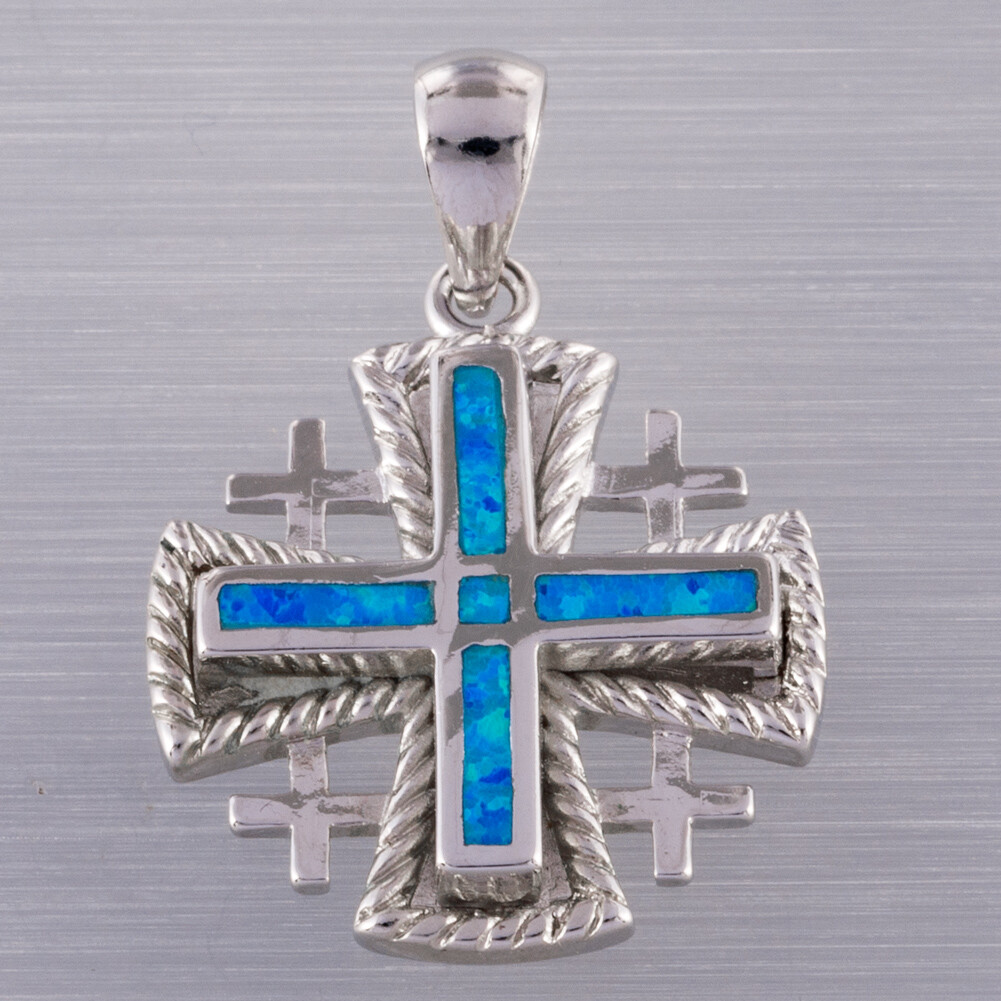 Jerusalem Cross Ocean Blue Fire Opal Silver Jewelry 3D Necklace Pendant