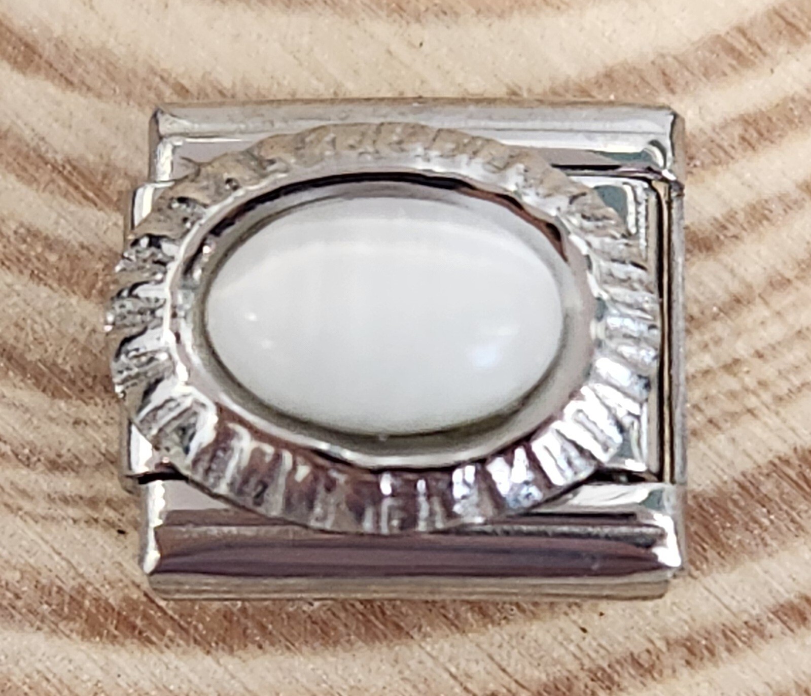 White Oval Stone Silver Outline Italian Charm 9mm Bracelet Link gift