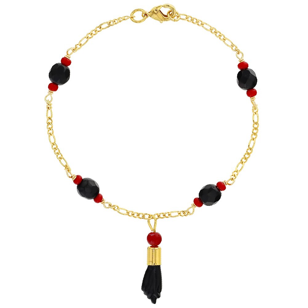 Gold Plated Figa Hand Simulated Azabache Mal de Ojo Protection Bracelet 7.5″