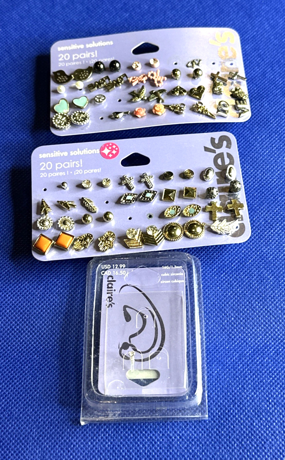 Claire’s Sensitive Solutions Earrings 32 Pairs + 6 Singles + Cubic Zirconia Stud