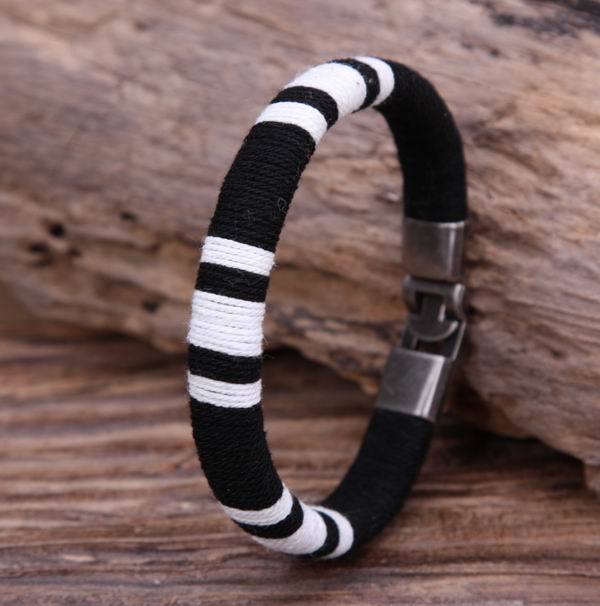 G105 Black w/ White Surfer Young Cotton Wraps Leather Bangle Bracelet Cuff Men’s