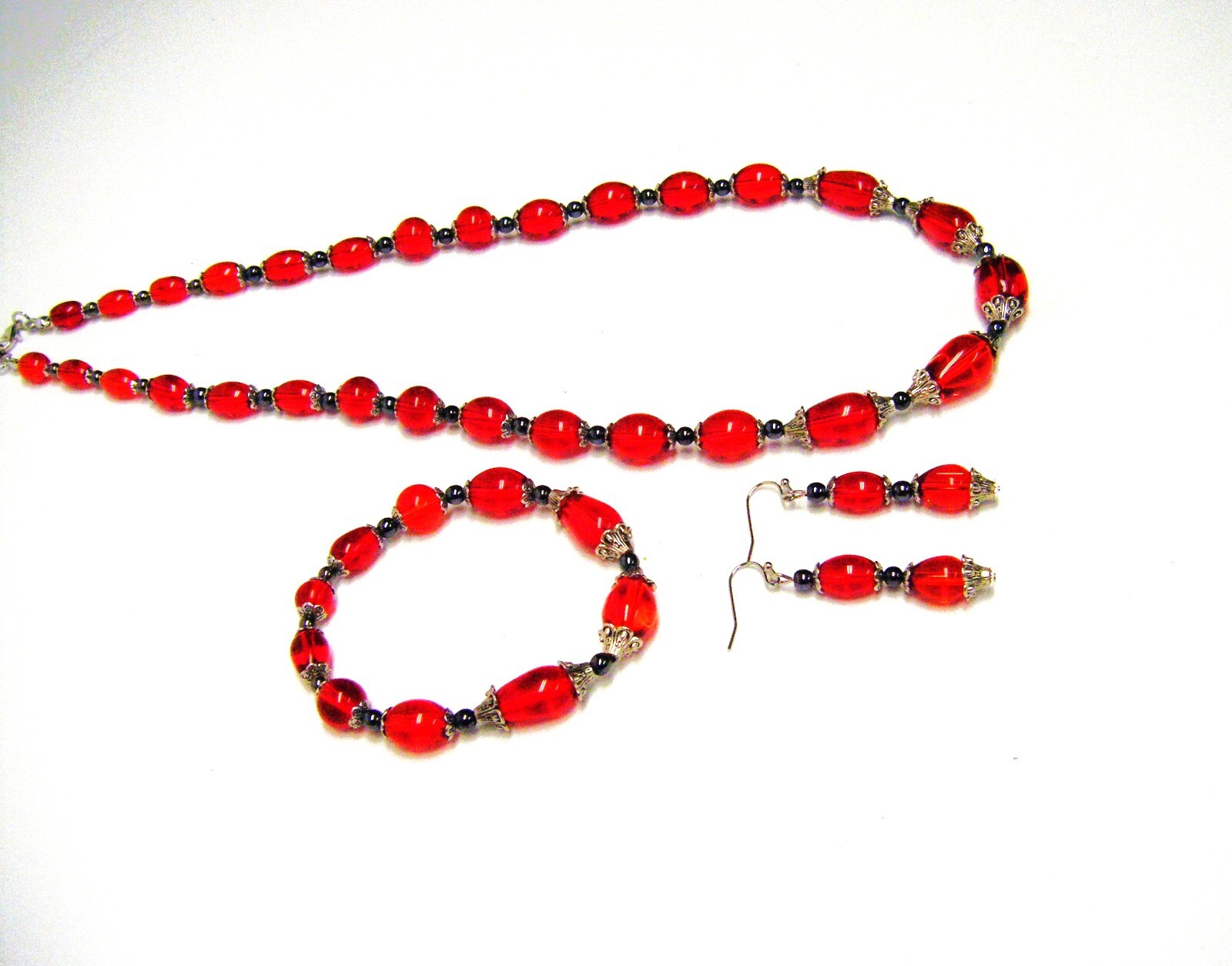 Multi Shapes/Sizes Red Transparent Glass w/Silver Bead Caps Necklac/Brace/Earrin