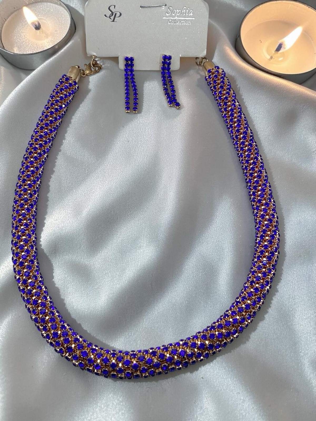 Royal Blue Rhinestone Collar Necklace & Earrings Set