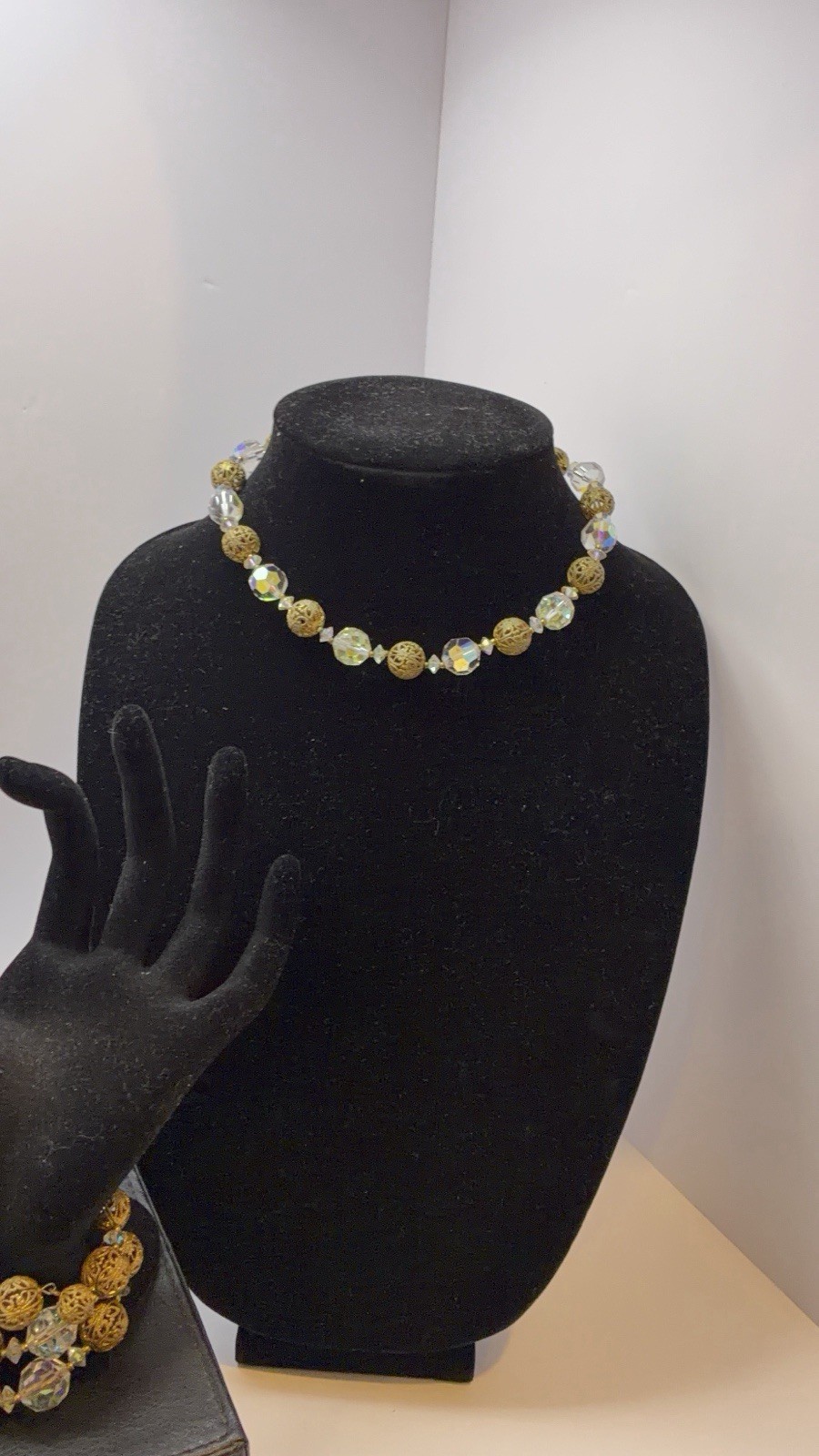 Vintage 16″ Aurora Borealis Crystal & Gold Filigree Choker & Bracelet Set