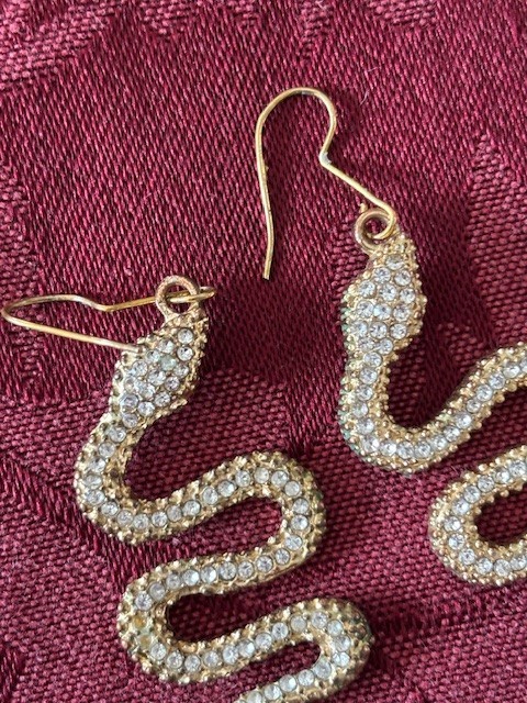 2 Pair Dangling Snake Earrings: Gold Color Metal Rhinestone & Mythology Tribal