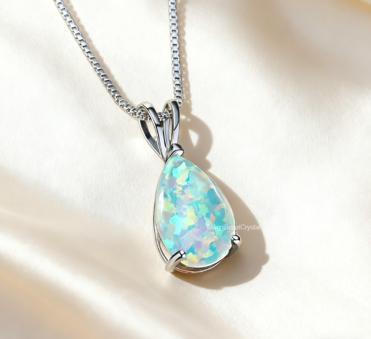 White Opal Pendant Necklace Minimalist Teardrop Opalite Women Silver Jewelry