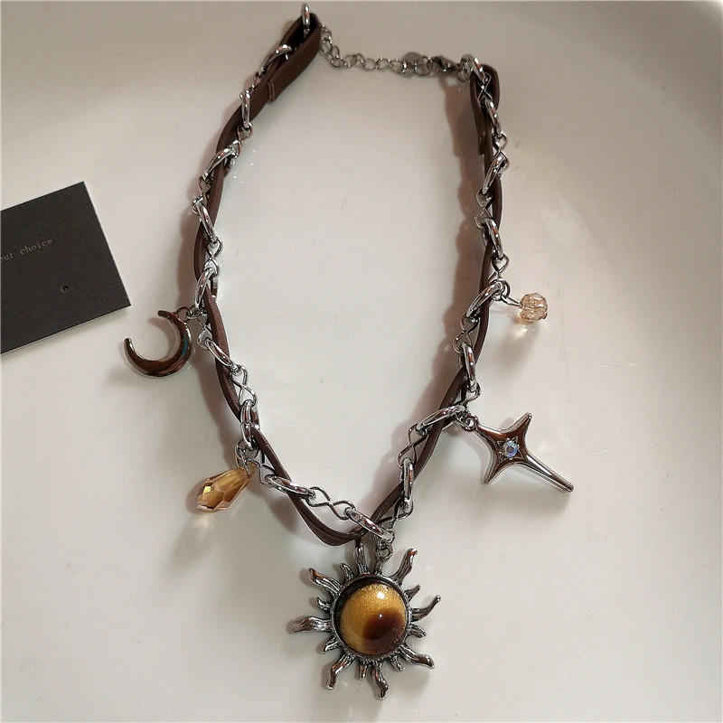 Vintage Leather Brown Stone Sun Pendant Beaded Choker Clavicle Chain Necklace