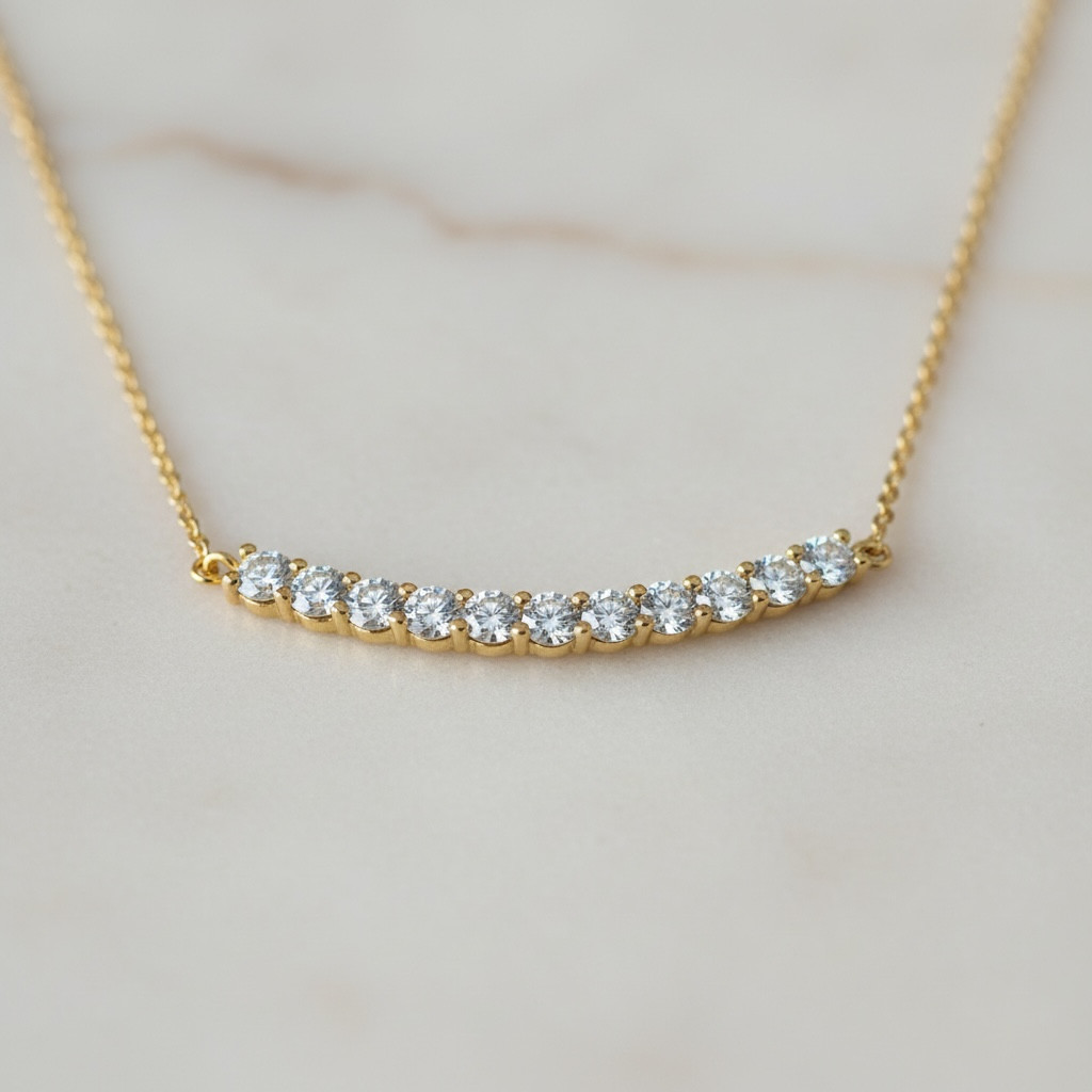 Smile Necklace • Dainty CZ Smile Necklace • Curved Cluster Minimalist Layering N