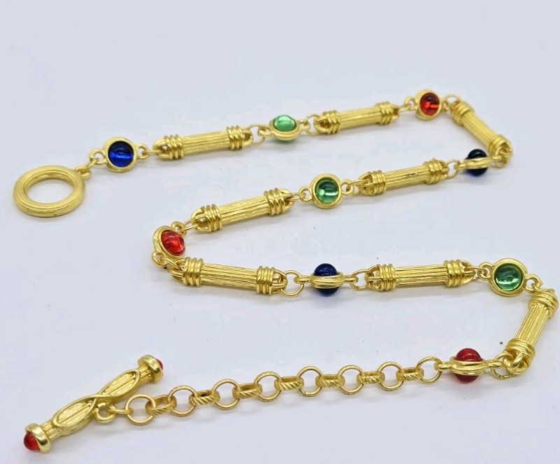 Gripoix Style Staion Necklace Red Blue Green Matte Gold Tone Poured Resin 19 in