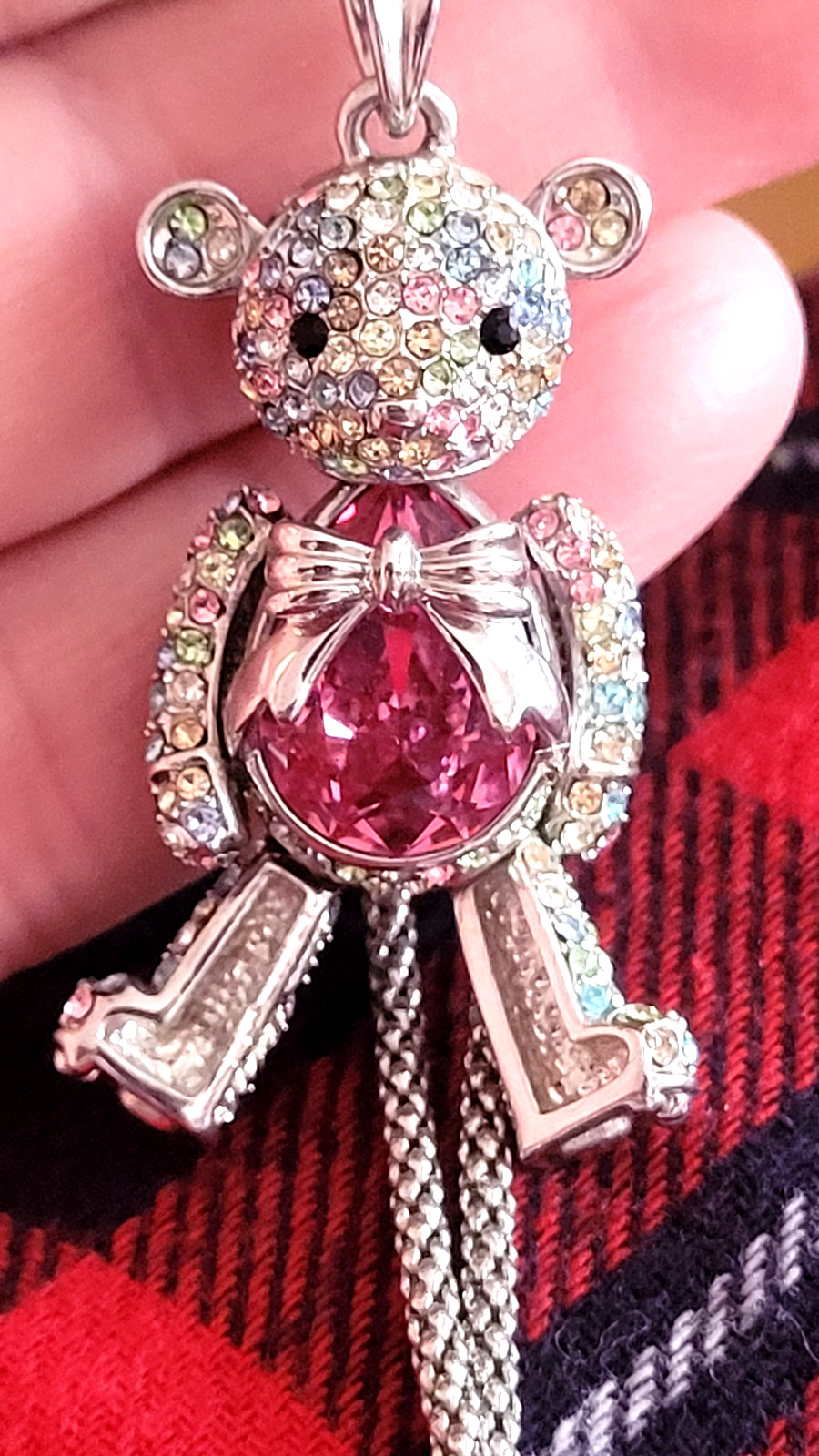 J Nina Bear Princess Rosa Swarovski Crystal Pink Jewel Bear Articulated Necklace