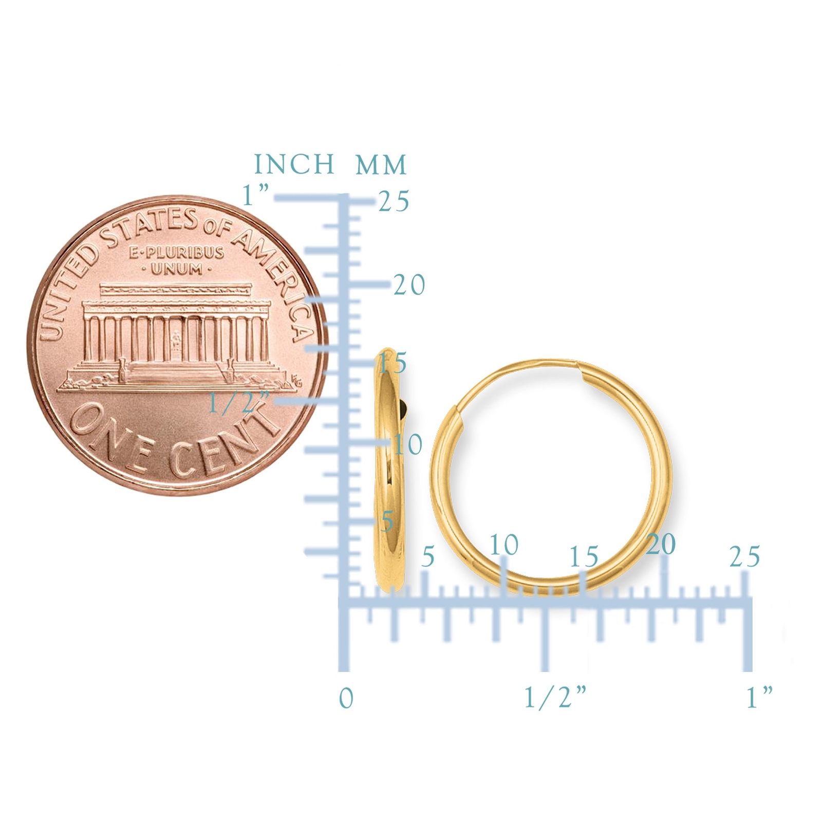 10k Yellow Gold Shiny Endless Round Hoop Earrings, Diameter 10mm