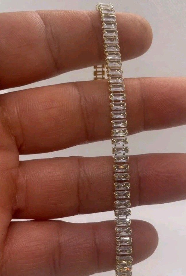 14k yellow gold plated tennis bracelet baguette cut simulated diamonds 7” long