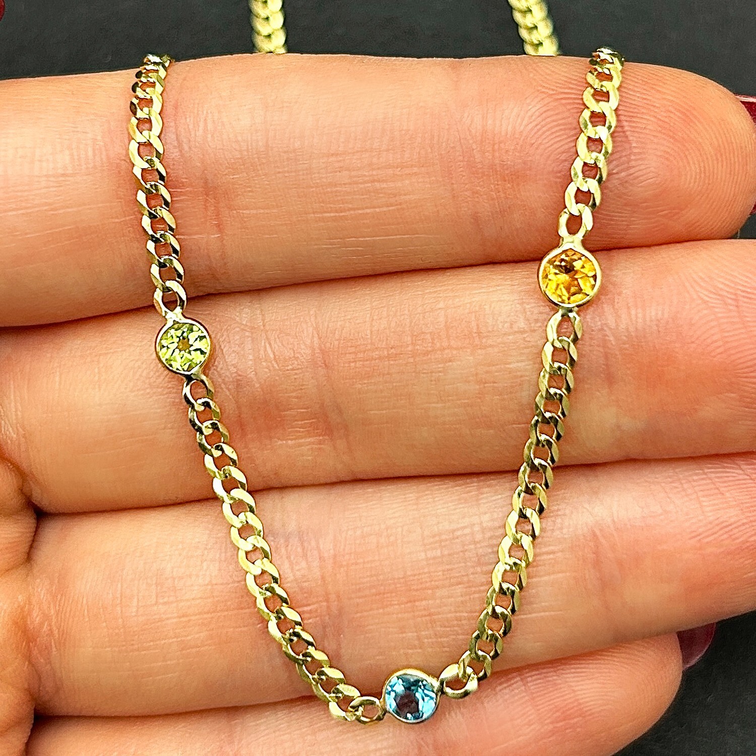 14K Real Gold Amethyst Blue Topaz Citrine Garnet Peridot Station Necklace 17″