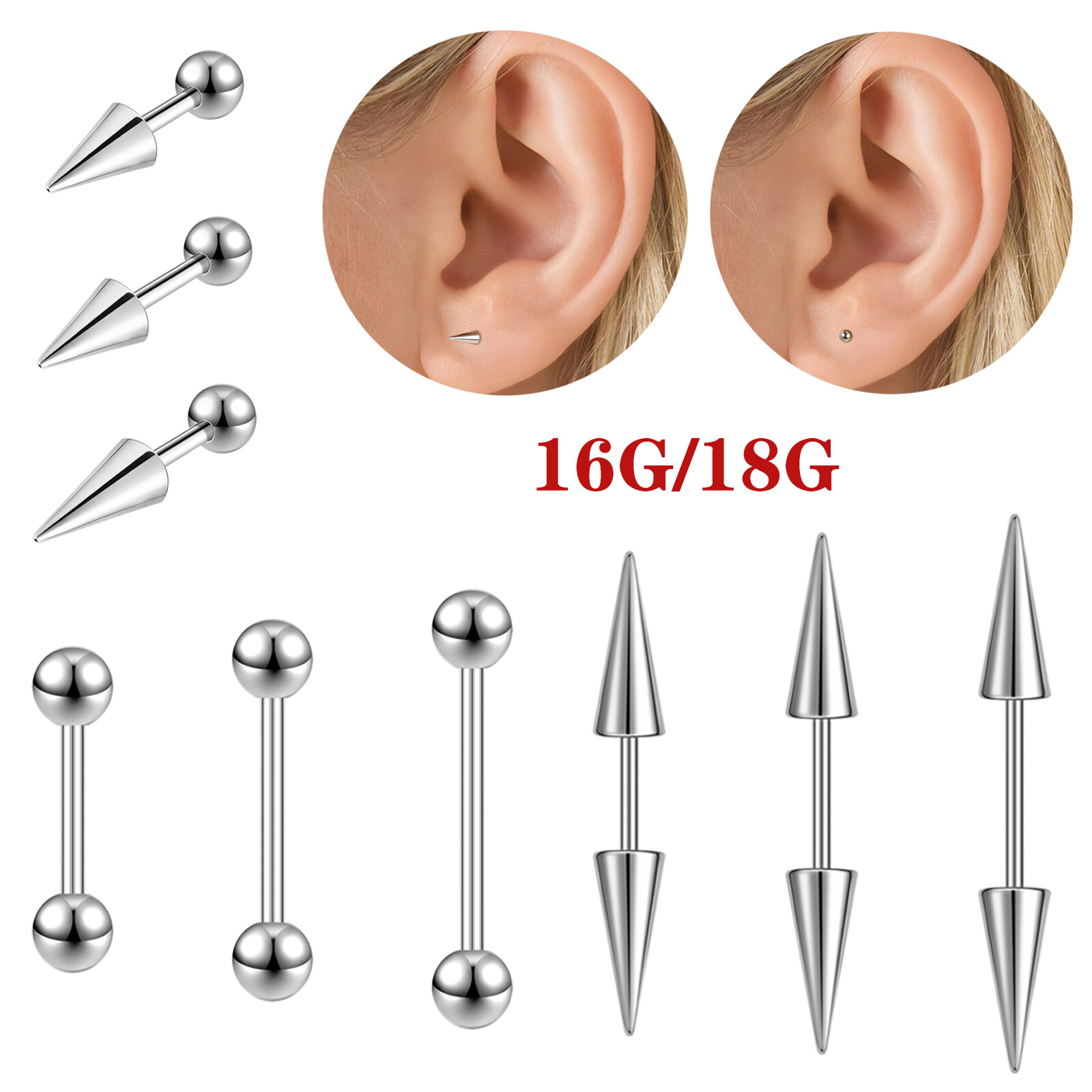 16G 18G Stainless Steel Stud Earring Spike Helix Tragus Barbell Piercing Jewelry
