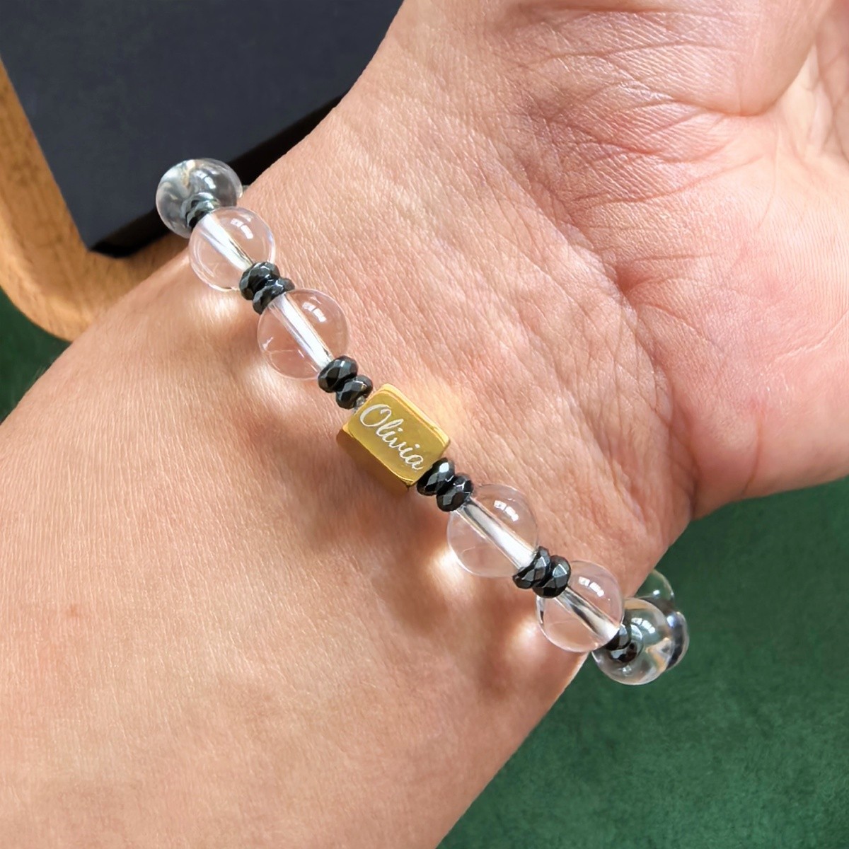 Custom Engraved Bracelet Clear Quartz Hematite Beaded Love Jewelry Women Gift