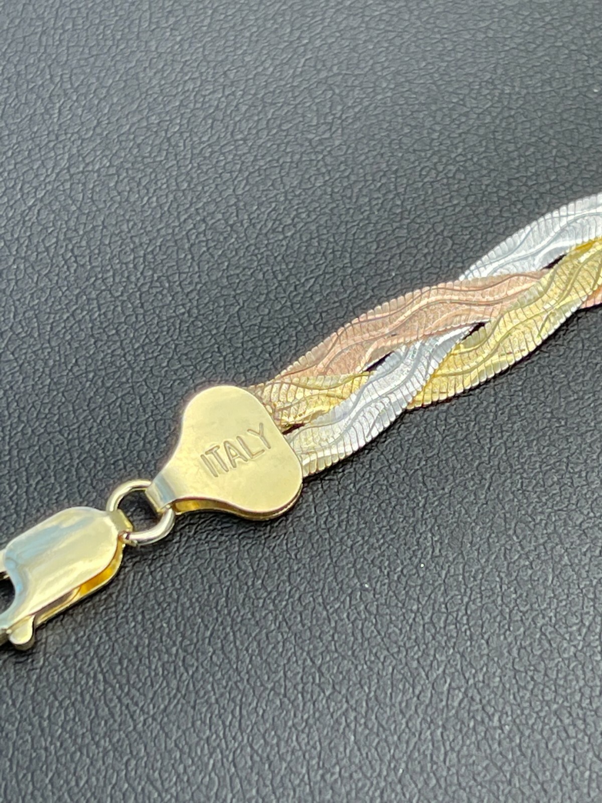 Solid 925 Silver Tri Color Yellow Rose Gold Plated Braided Herringbone Bracelet