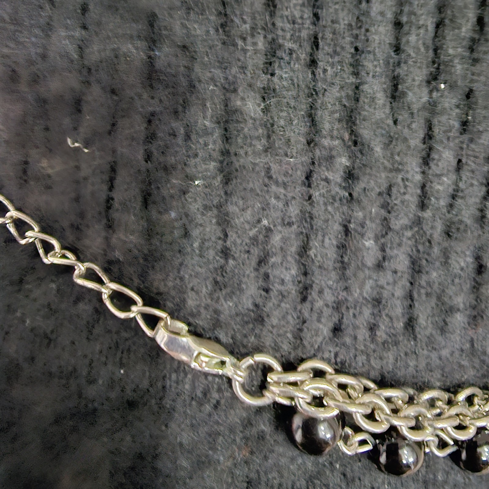 Silver Tone Black Flower Statement Necklace Layered Chain Floral Crystal Accent