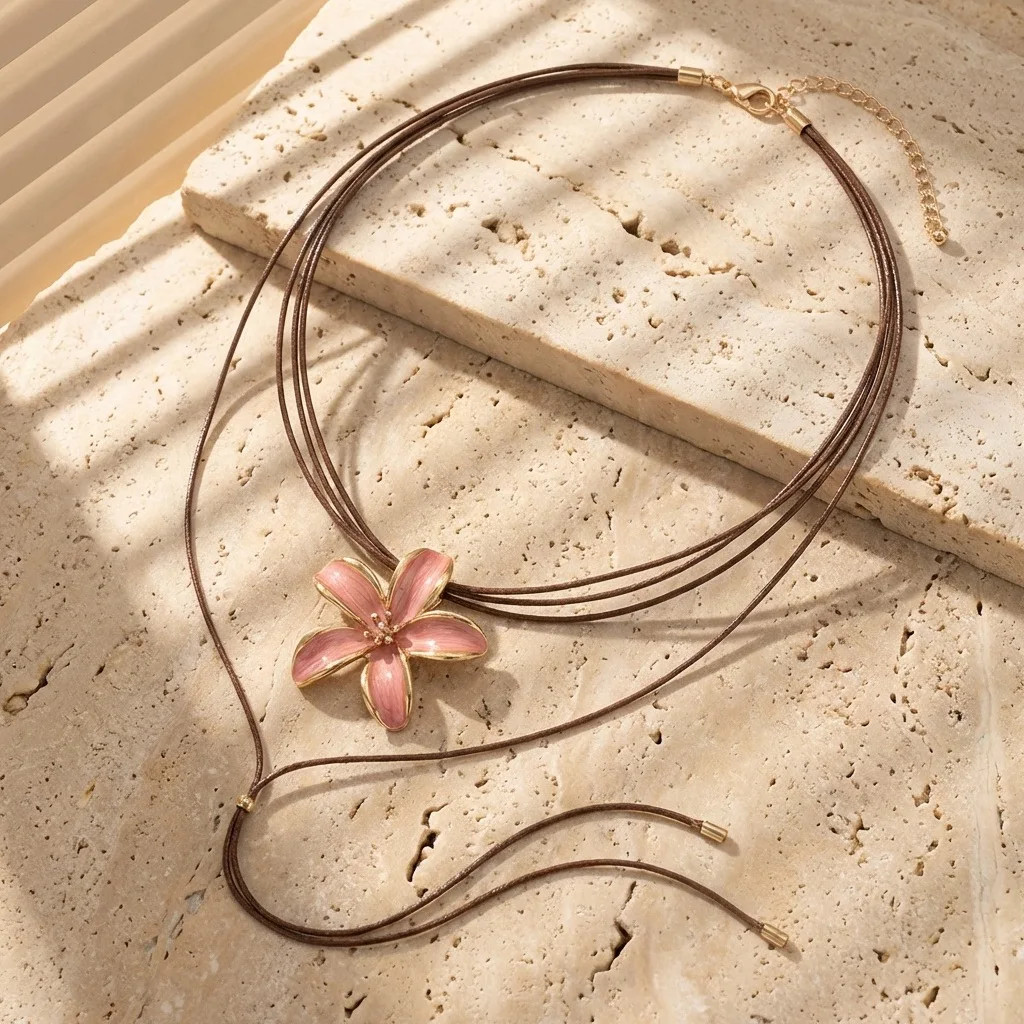 Bohemian Red Flower Necklace Multi-layer Leather Cord Adjustable Long Neck Jewel