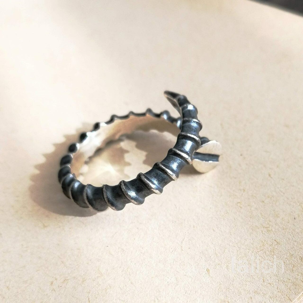 Dark 925 Sterling Silver Detailed Screw Nail Wrap Ring Adjustable Gothic Unique