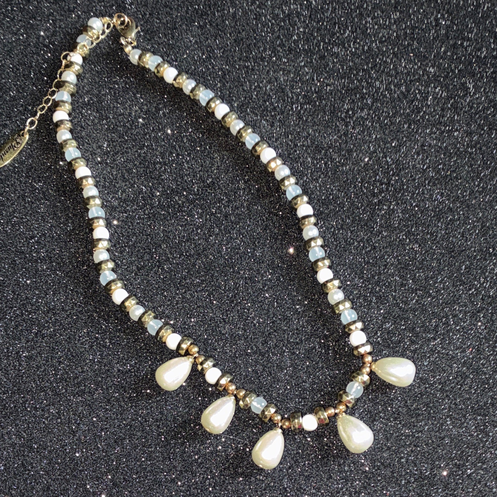 Beaded Faux Pearl Teardrop Charm Necklace Gold Tone Ball Chain Lobster 16 in