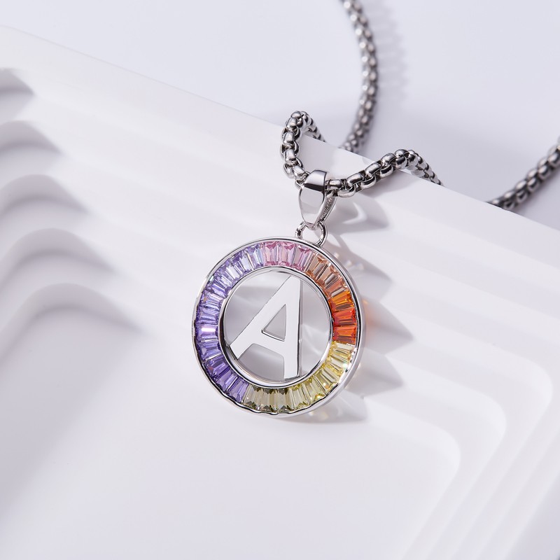 Initial Letter A-Z Necklace 24“ Chain CZ Cubic Zirconia Stone 925 Silver Pendant
