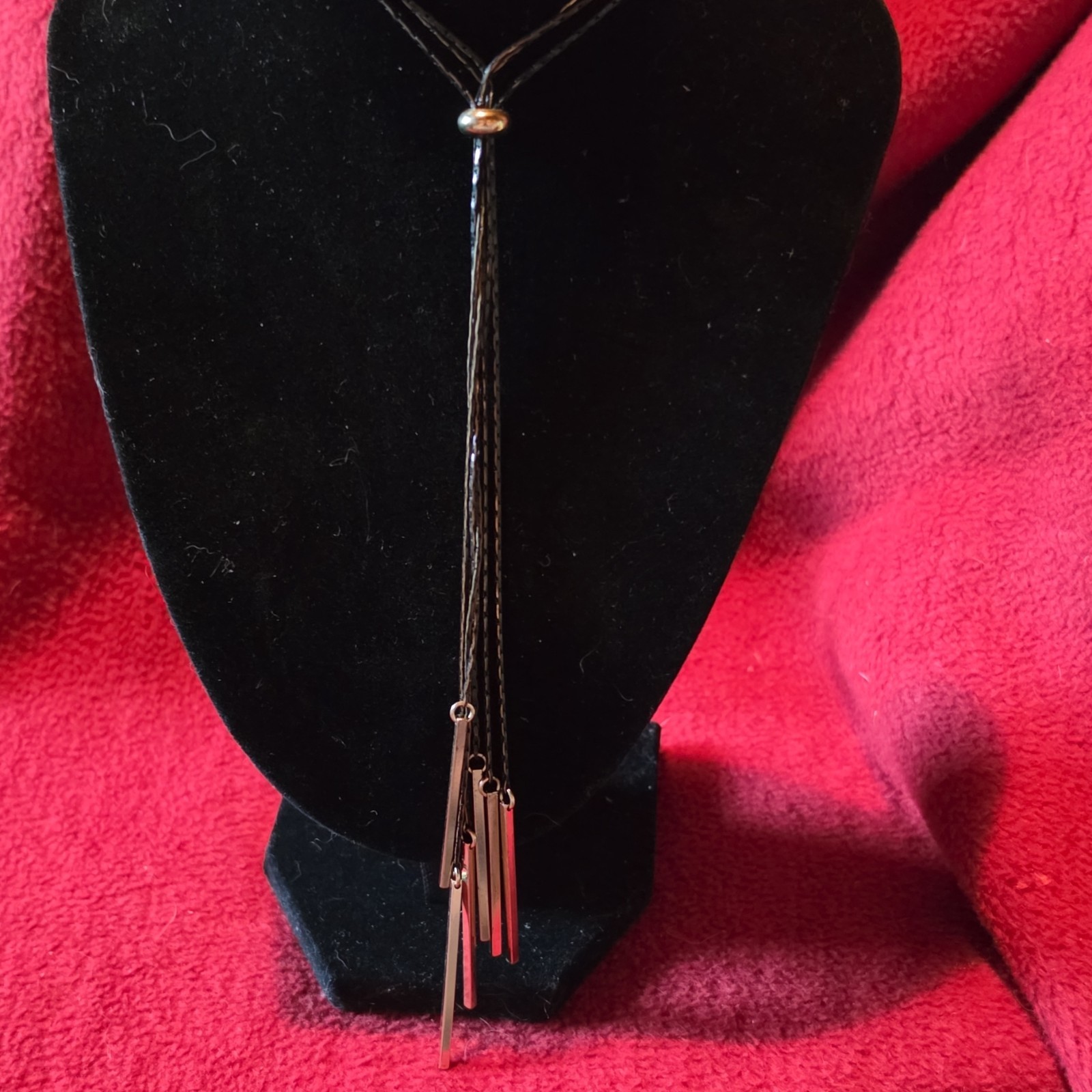 Black Cord Lariat Necklace Gold Slide Bead Tassel Pendant Adj 40 inches