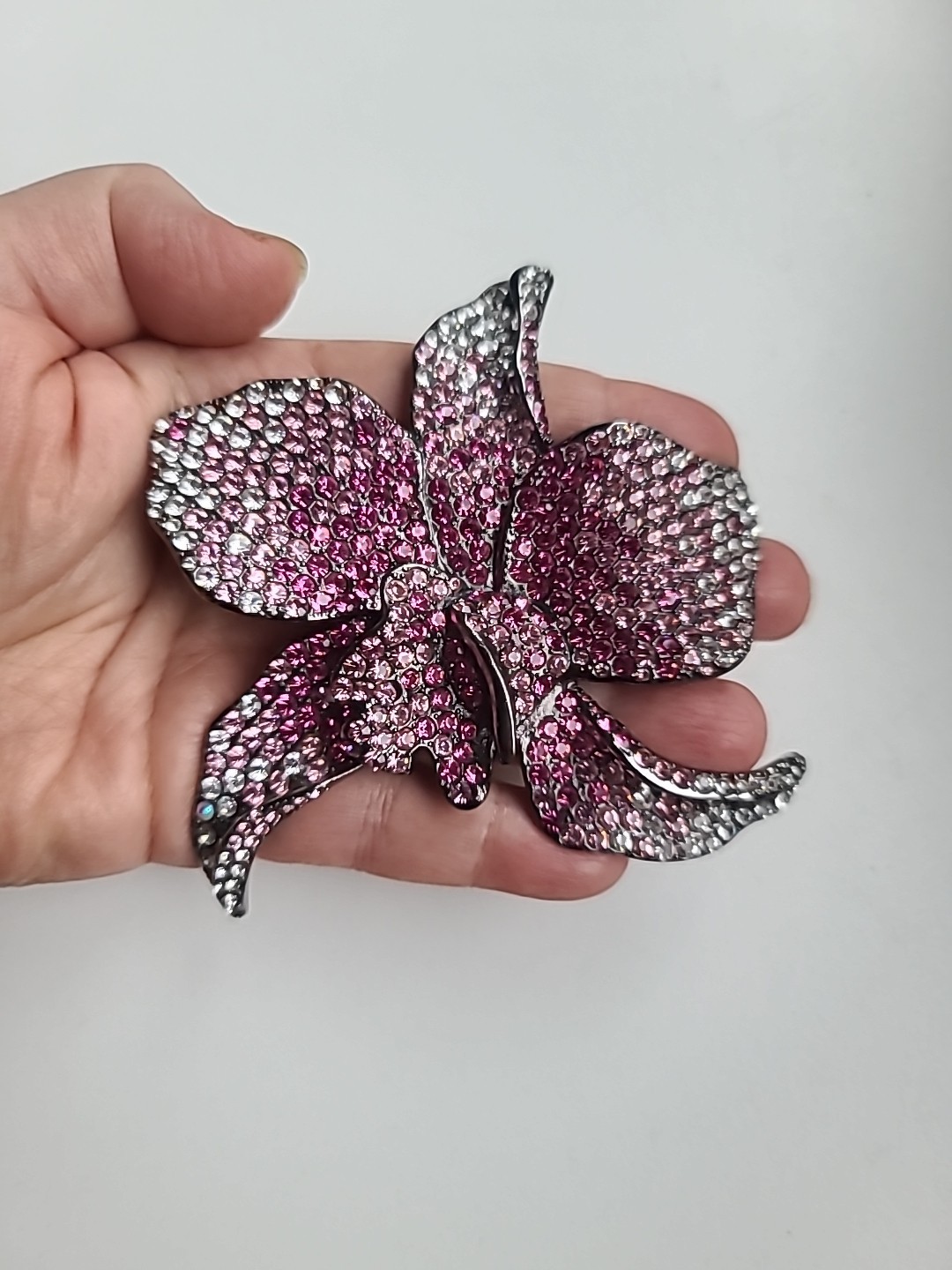 PJM Jewlery XXL PINK Clear RHINESTONE FLOWER BROOCH VINTAGE Gun Metal 3.5 Inches
