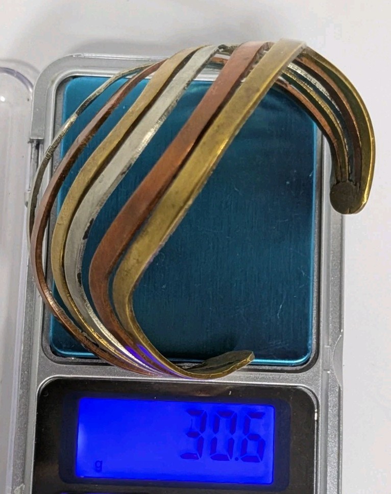 Vintage Modernist Mixed Metal Cuff Bracelet Brass Copper Silver Tone Open Bangle