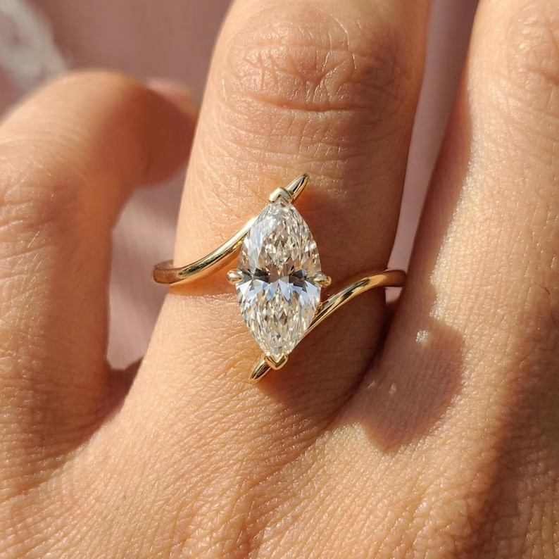2ct Marquise Cut Simulated Diamond Bypass SolitaryBand Ring 14k Yellow Gold Over