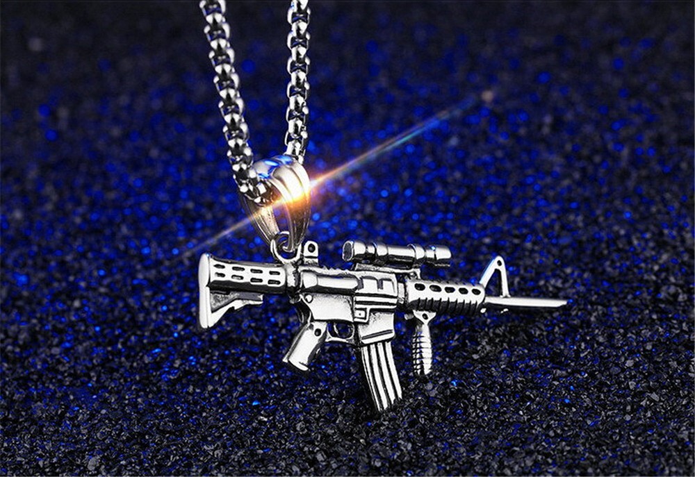 Silver Army AK47 Machine Gun Stainless Steel Pendant Necklace, Second Amendment