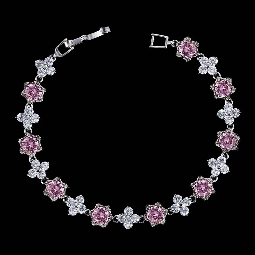 Silver Plated Cubic Zircon Green Flower Star Charm Bracelet Women Party Jewelry
