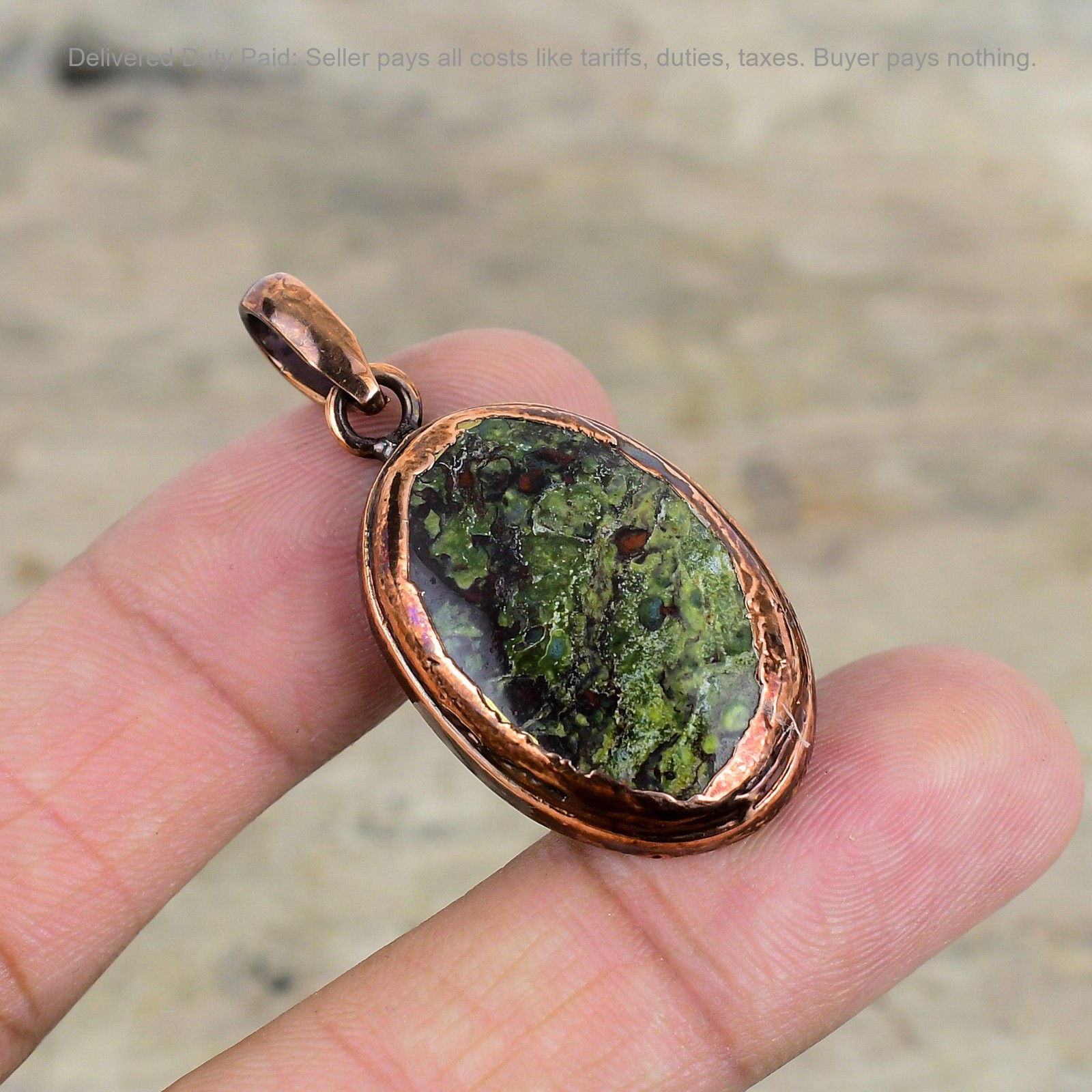 Copper Oval Dragon Bloodstone Stone Daughter Artisan Electroformed Bezel Pendant