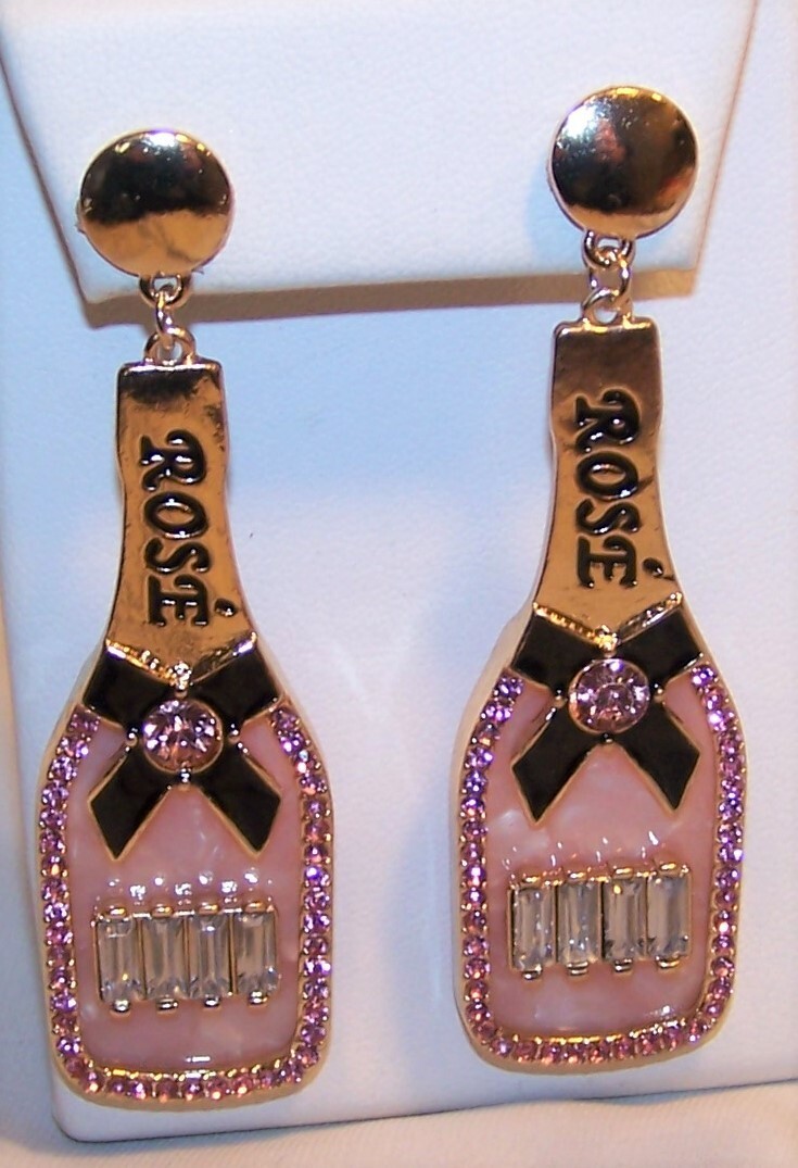 Rose Wine Bottle Earrings Rhinestones Pink Clear Stones-New