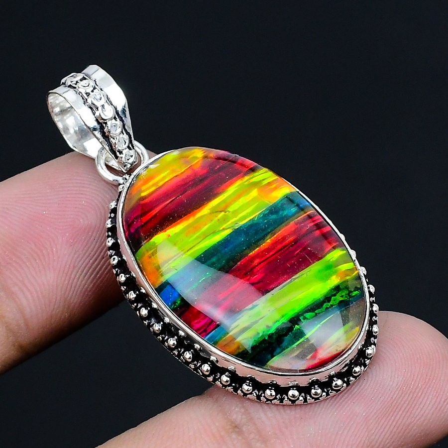 Ammolite 925 Silver Plated Handmade Pendant of 1.89″