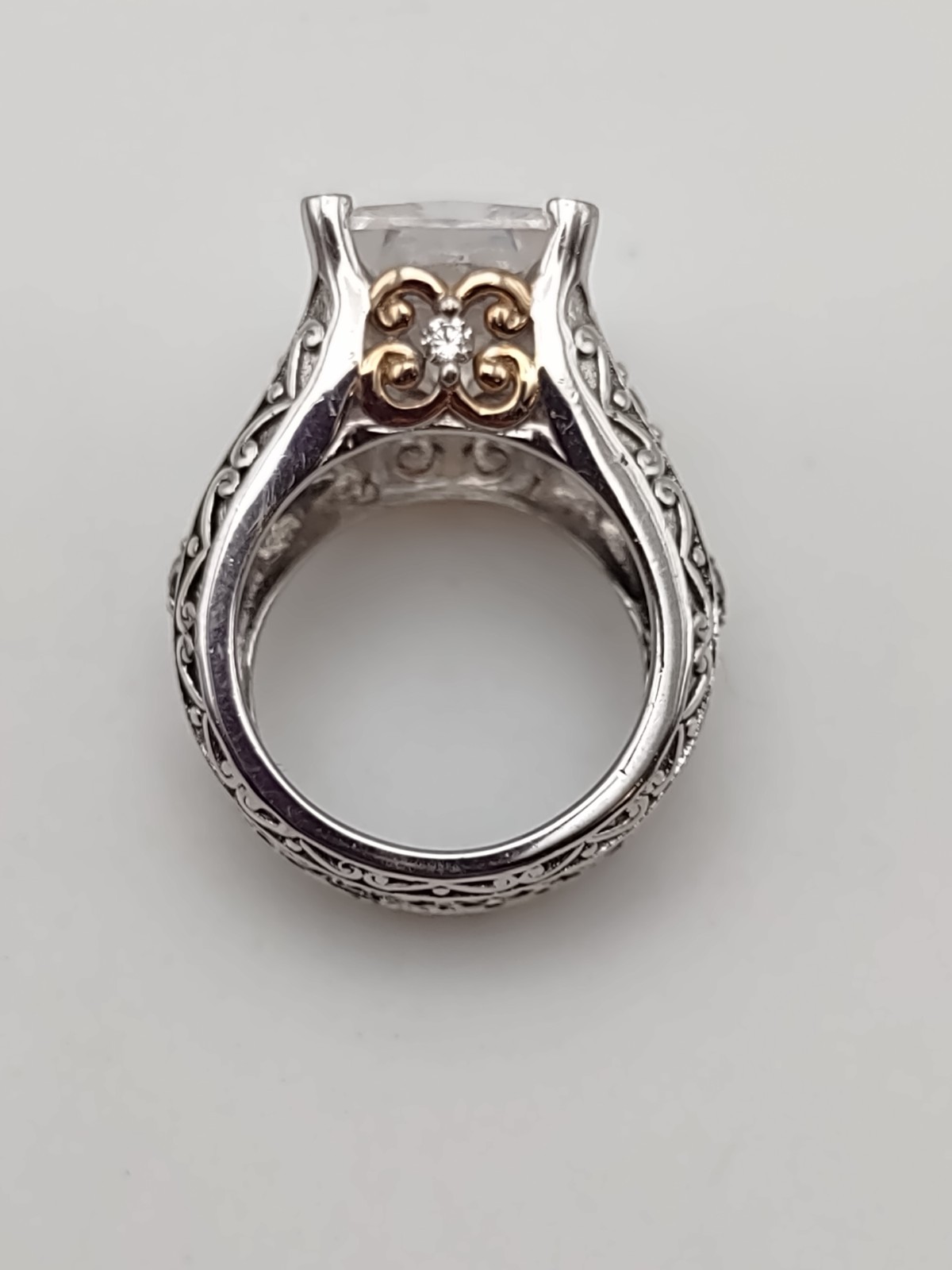 925 Sterling CZ Cocktail Ring Gold Accents Filigree 5