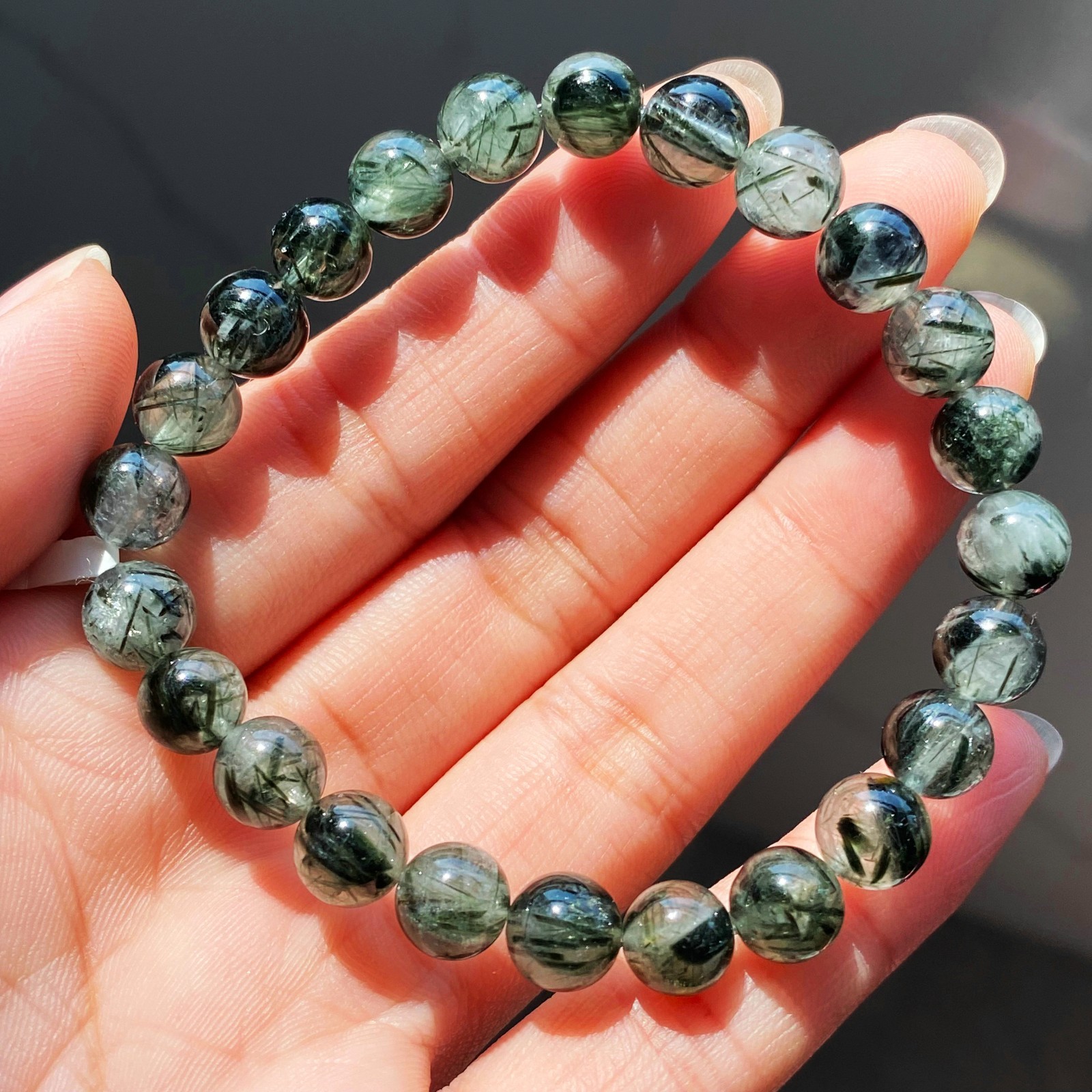 7.8mm Natural Green Tourmaline Rutilated Quartz Crystal Beads Bracelet 032