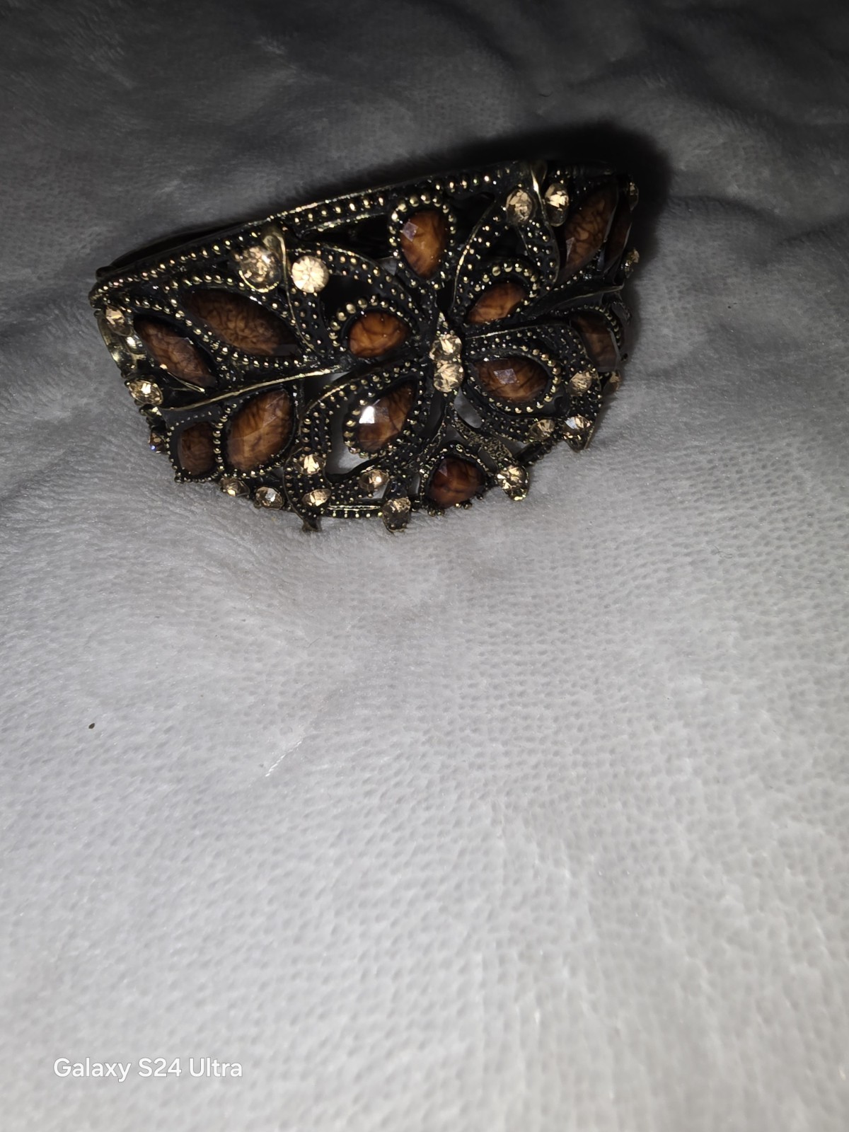 Brown Gold Silver Beaded Floral Cuff Bracelet Marquise Glass Stones