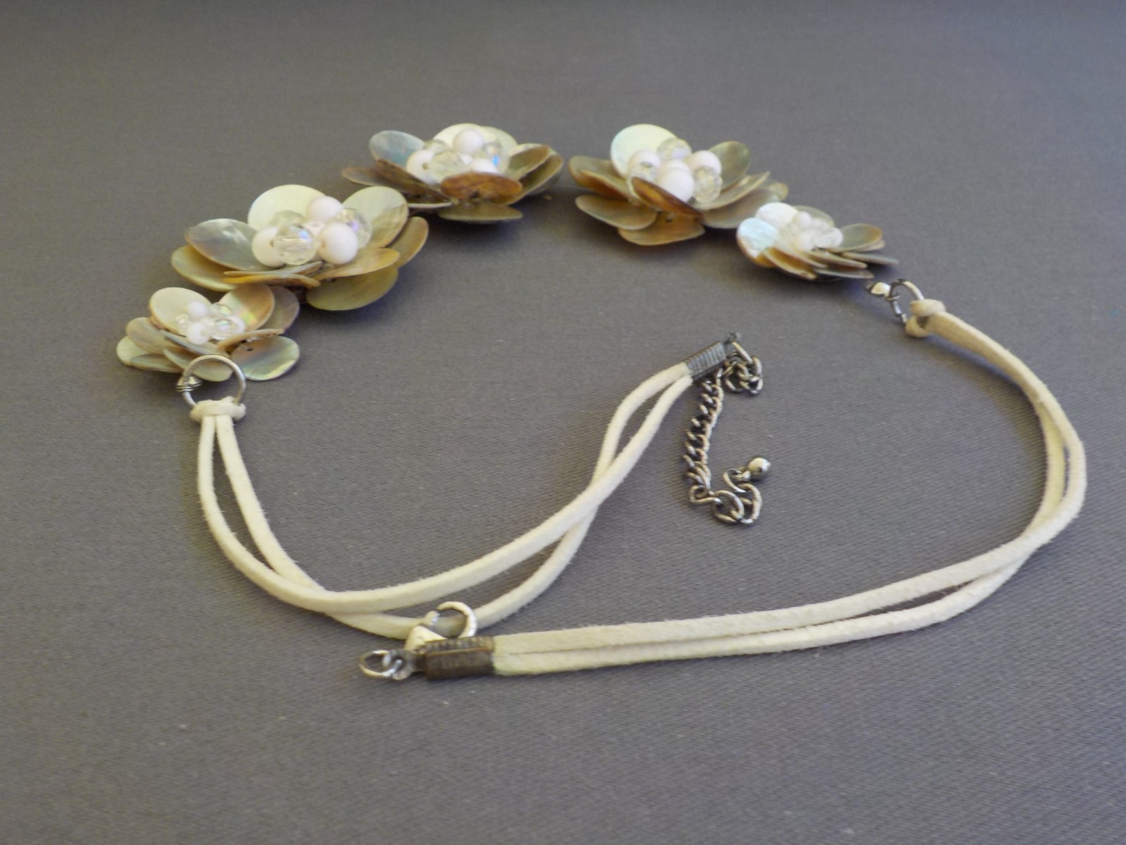 Flower Shell Necklace Bead Plastic Cord Metal Layered Petals Floral Handmade